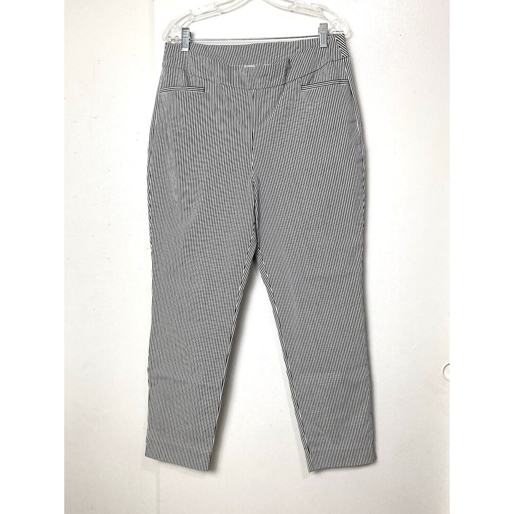 Chico's Dress Pants Women's Size 2R 12 L Navy Blue White Pinstripe  Stretch